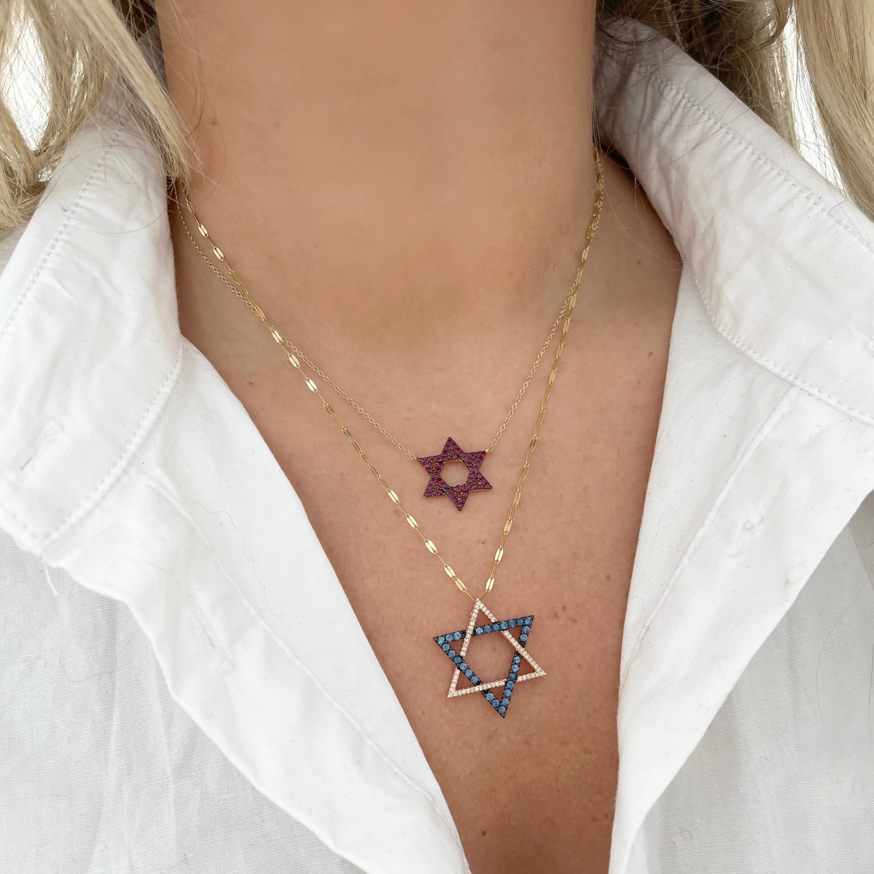 14K GOLD DIAMOND SAPPHIRE 1.00" MAGEN DAVID CHARM