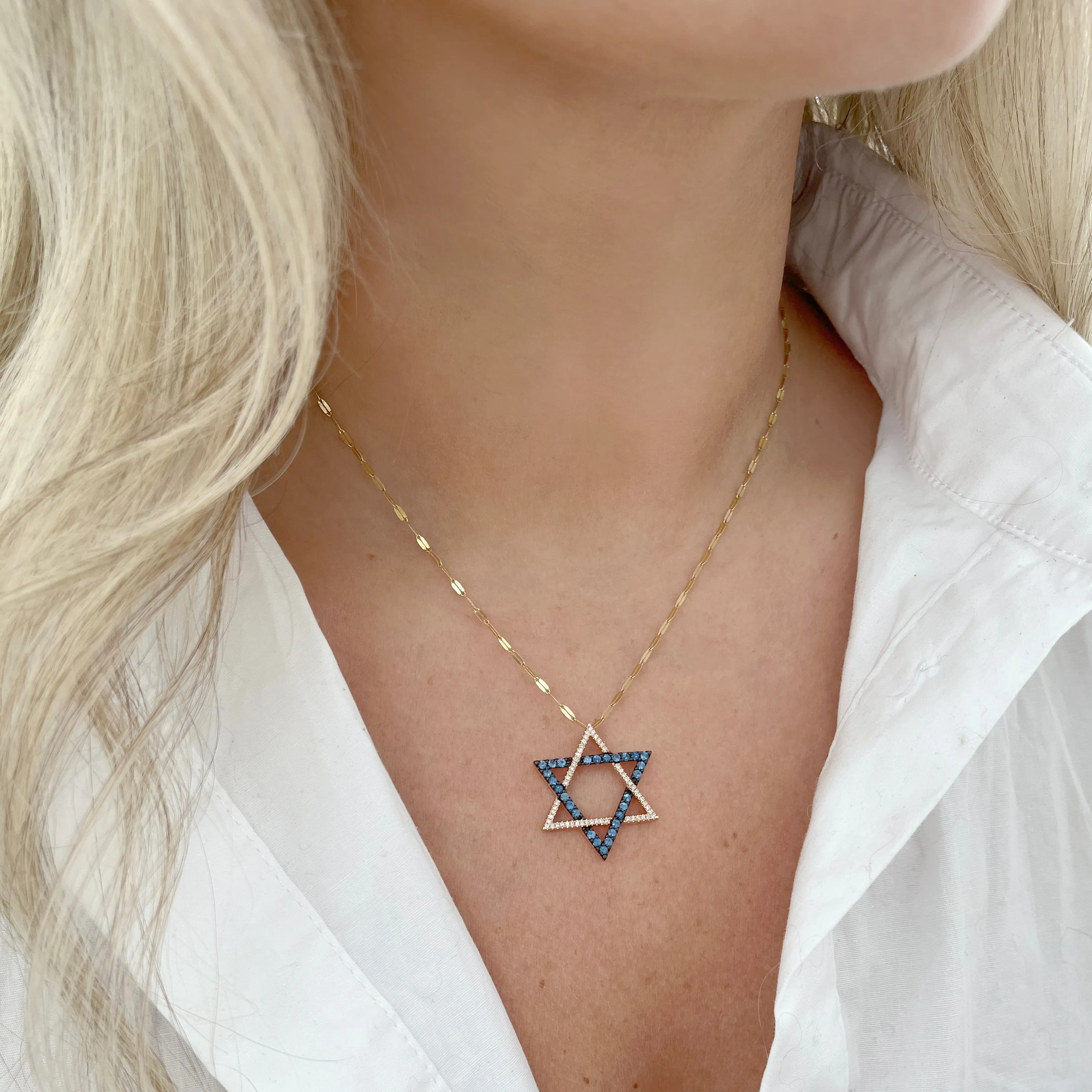 14K GOLD DIAMOND SAPPHIRE 1.00" MAGEN DAVID CHARM