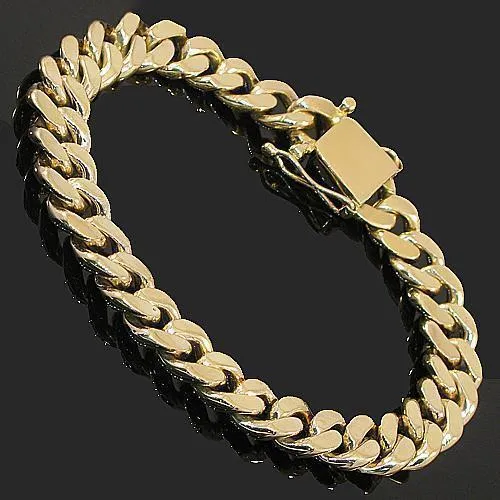 14K Yellow Solid Gold Mens Cuban Bracelet 10 mm