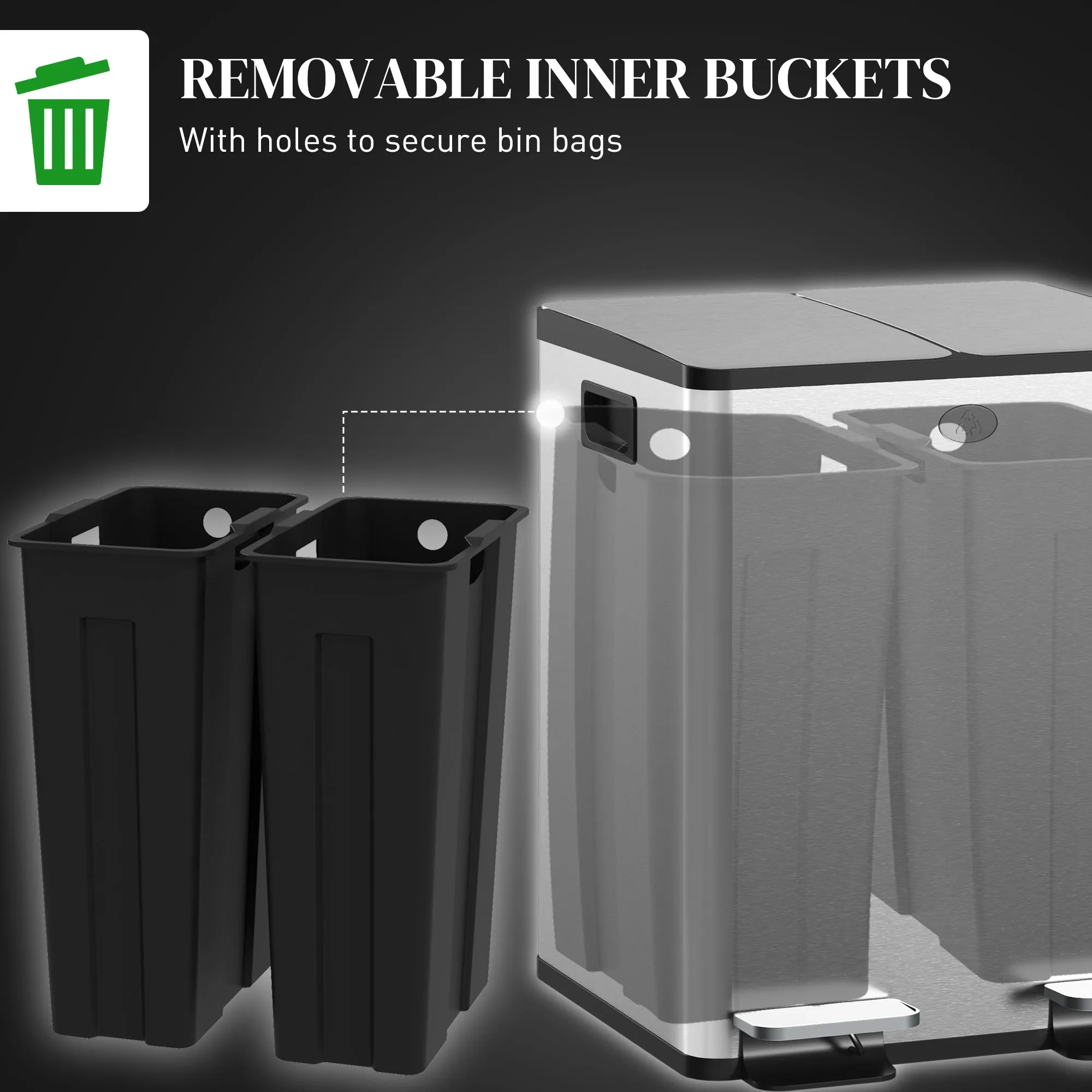 2 x 20L Dual Kitchen Bin Pedal Bin for Recycling and Waste, Silver