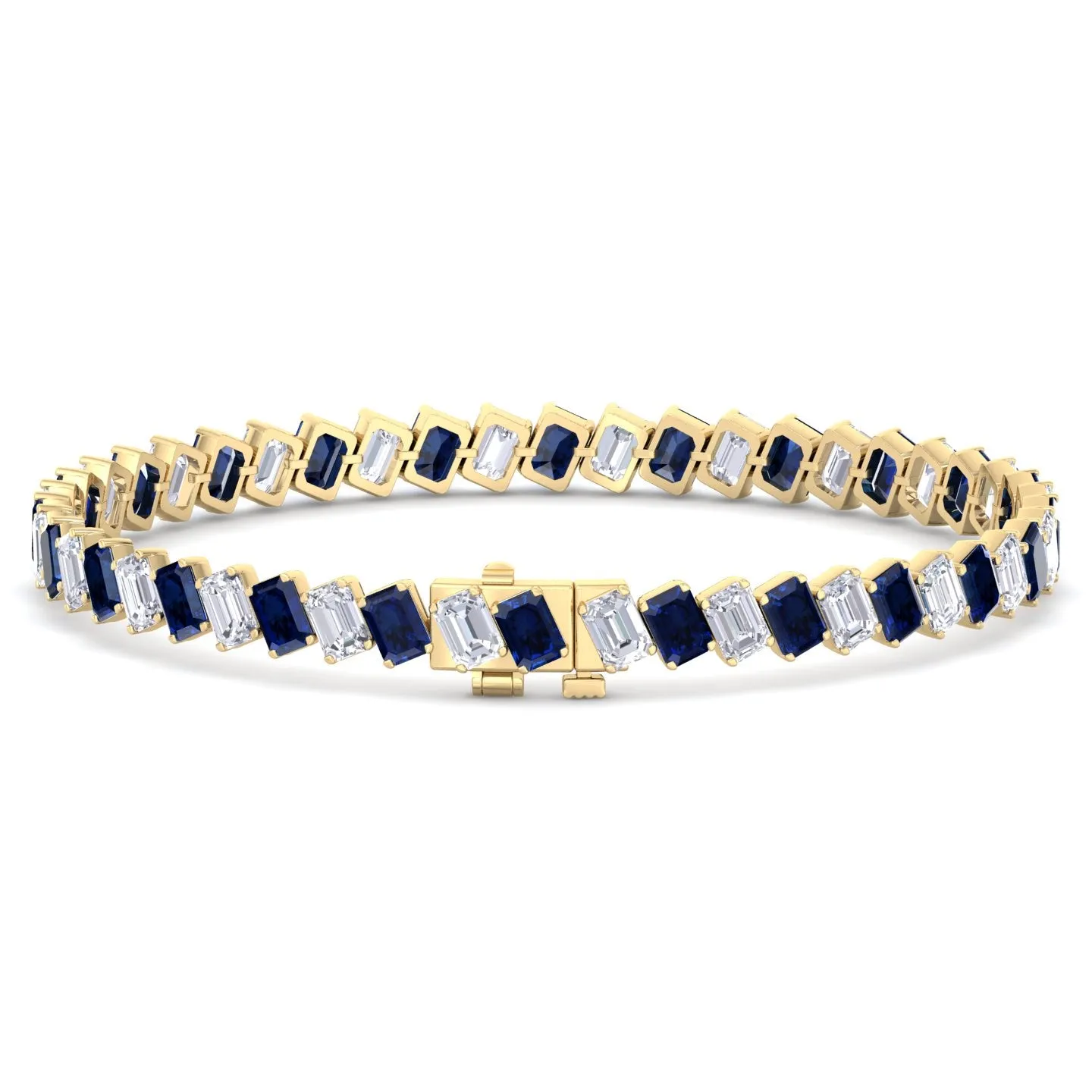 Alternating Emerald Shape Natural Blue Sapphire & Natural Diamond Diagonal Tennis Bracelet 18K Solid Gold