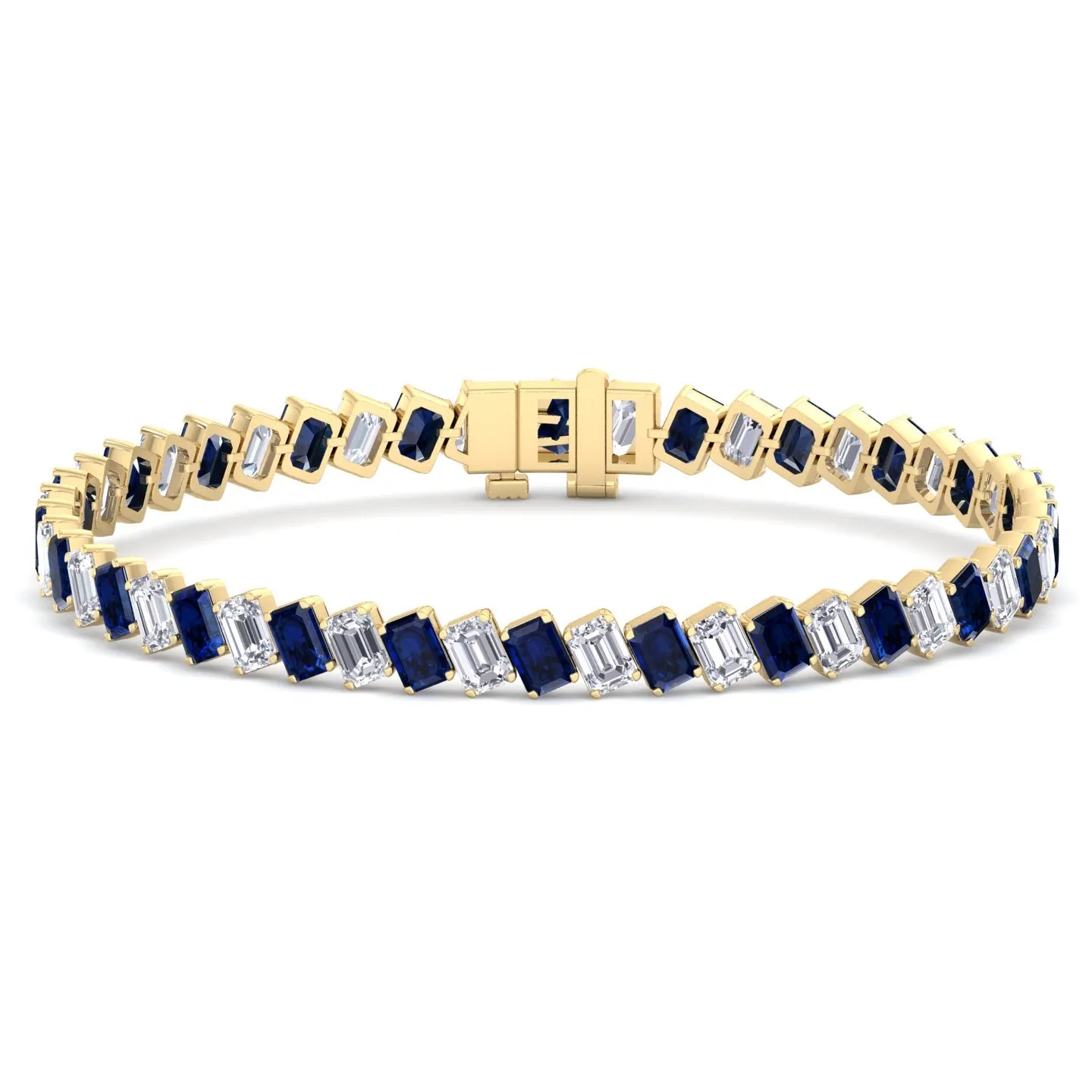 Alternating Emerald Shape Natural Blue Sapphire & Natural Diamond Diagonal Tennis Bracelet 18K Solid Gold