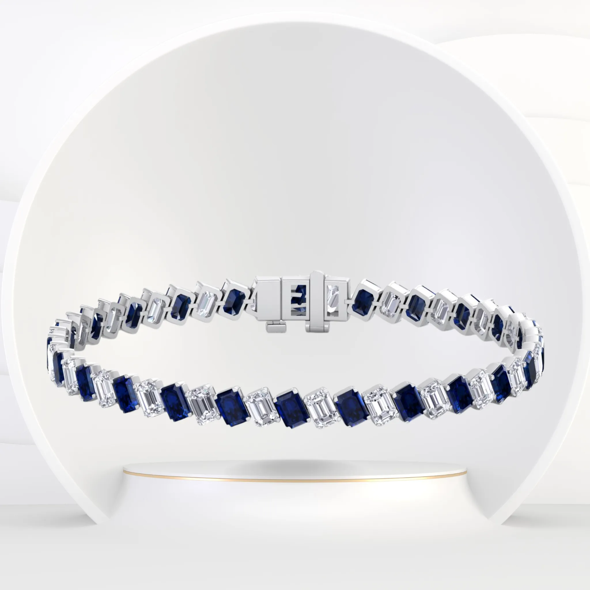 Alternating Emerald Shape Natural Blue Sapphire & Natural Diamond Diagonal Tennis Bracelet 18K Solid Gold