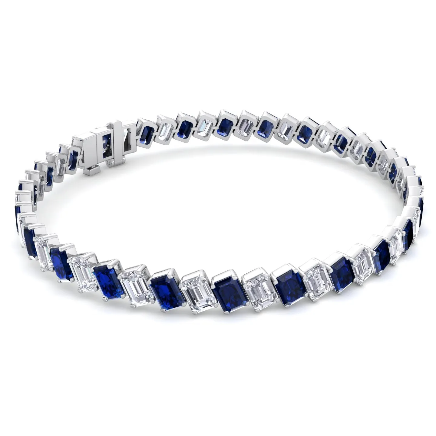 Alternating Emerald Shape Natural Blue Sapphire & Natural Diamond Diagonal Tennis Bracelet 18K Solid Gold