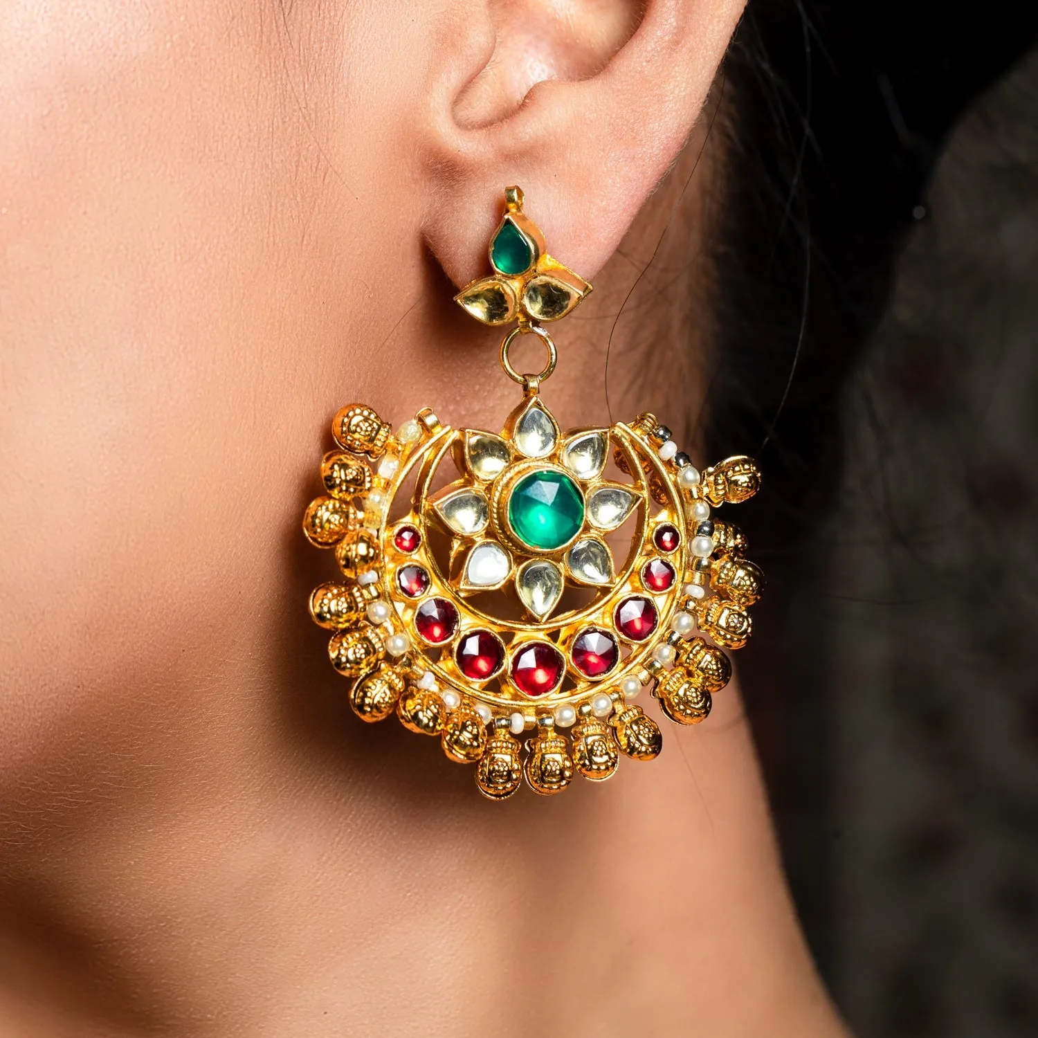 Ashrita Ruby & Green Coloured Pachi Kundan Chandbali