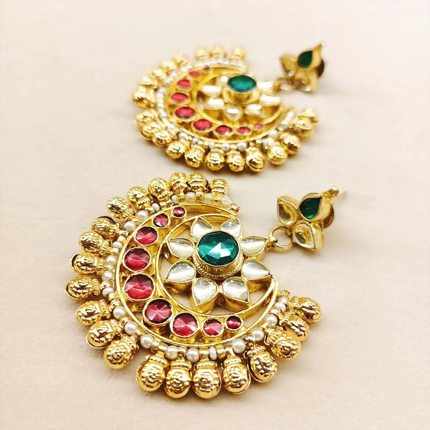 Ashrita Ruby & Green Coloured Pachi Kundan Chandbali