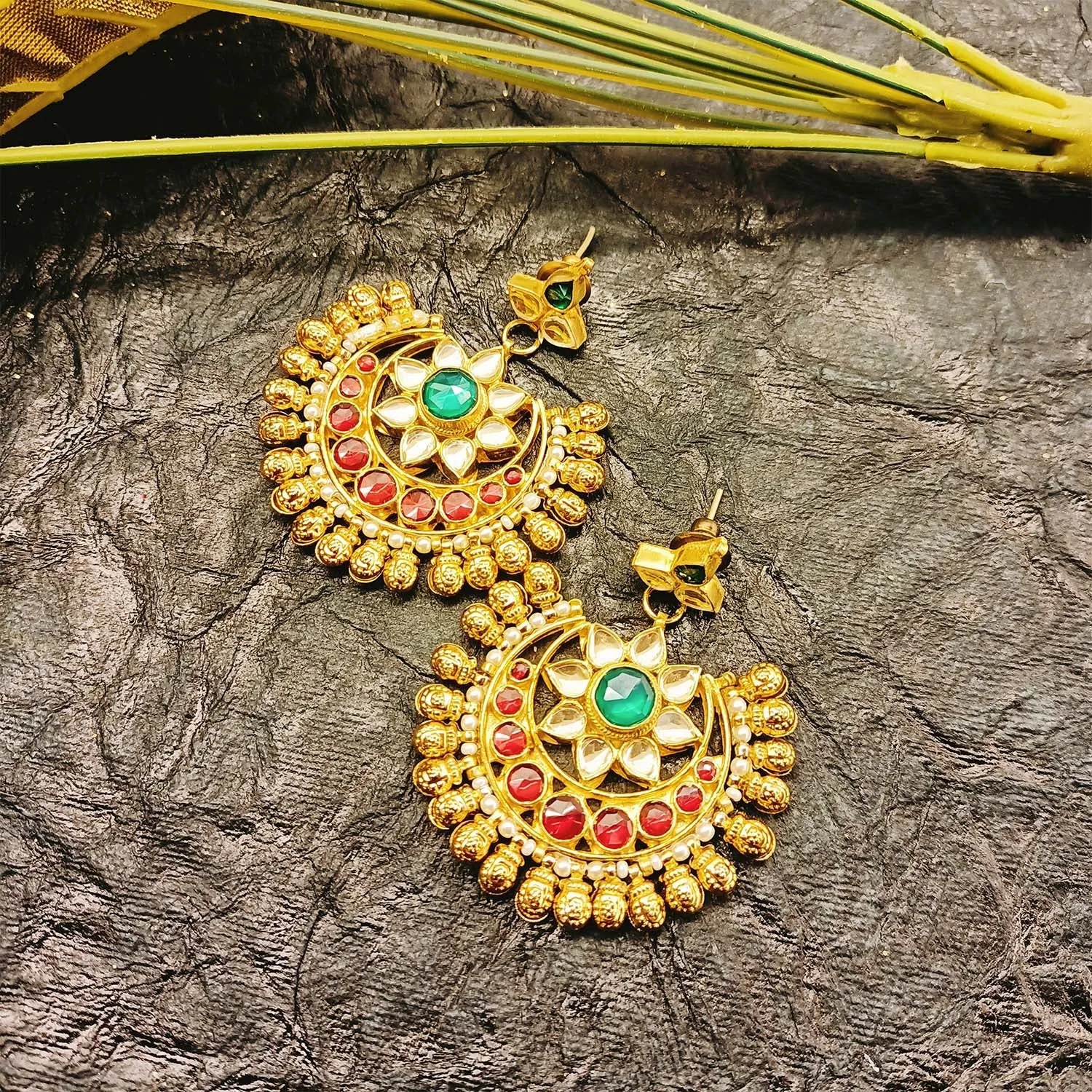 Ashrita Ruby & Green Coloured Pachi Kundan Chandbali