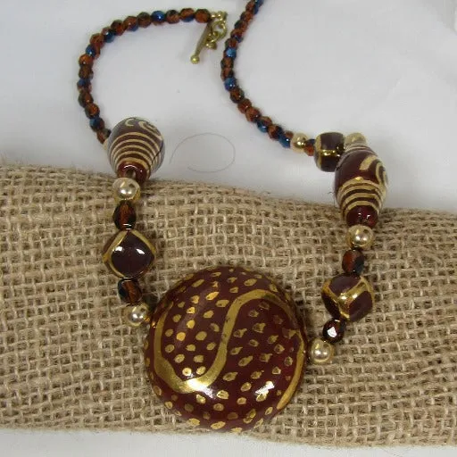 Big Brown and Gold Handmade Kazuri Fair Trade Bead Necklace