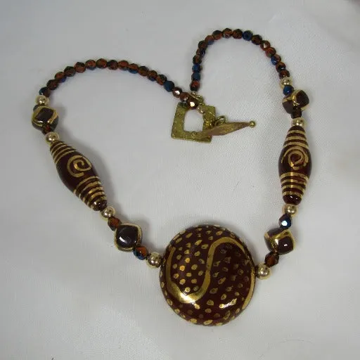 Big Brown and Gold Handmade Kazuri Fair Trade Bead Necklace