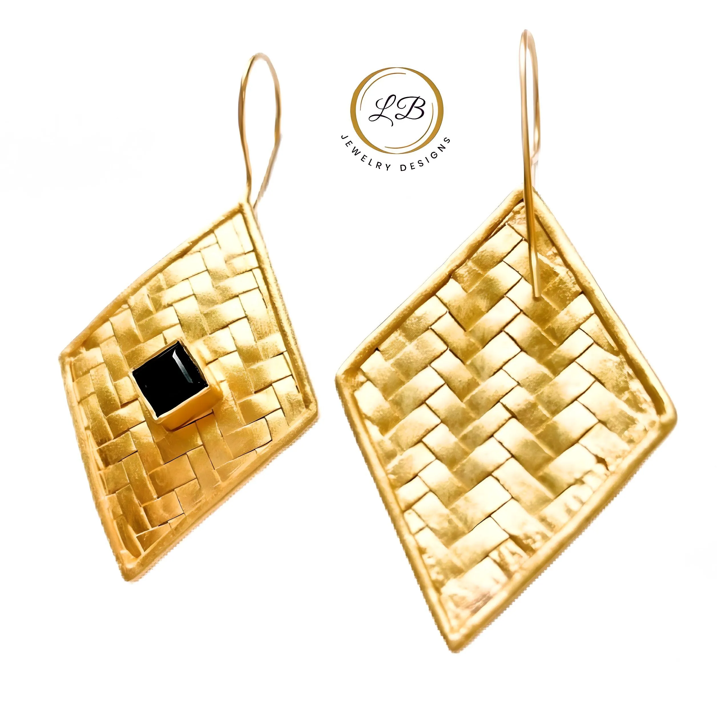 Black Onyx & Gold Vermeil Basket Weave Statement Earrings 2”