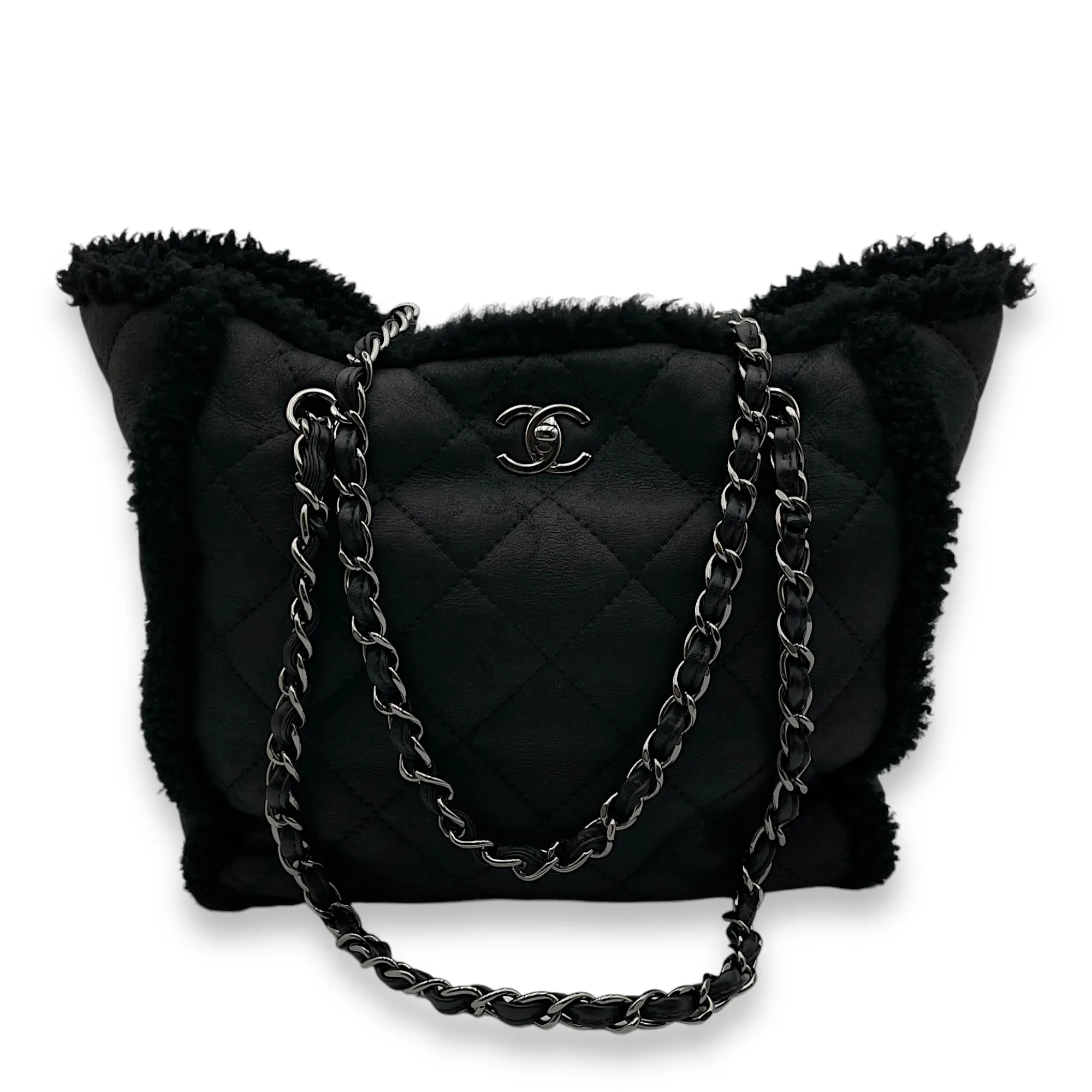 Cozy CC Shopping Black Tote Bag in Shearling/Lambskin, Palladium hardware