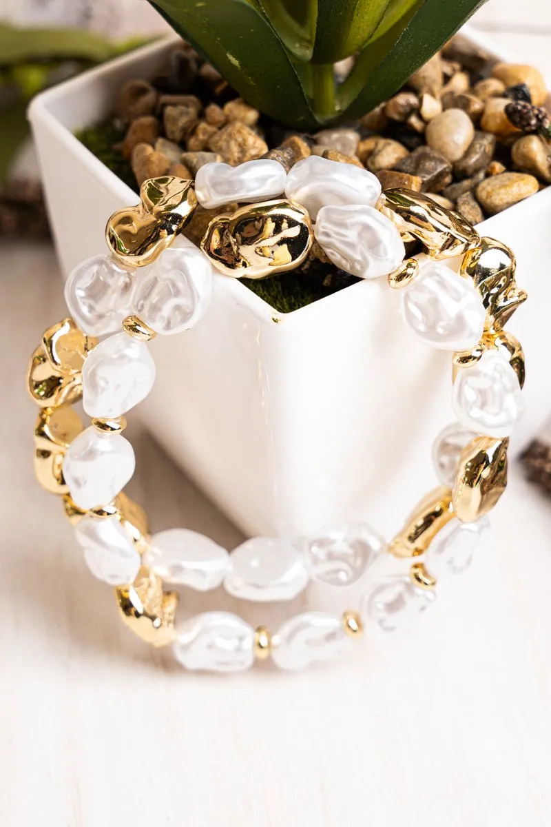 Crystal Avenue Double Date Pearl and Goldtone Beaded Bracelet Set