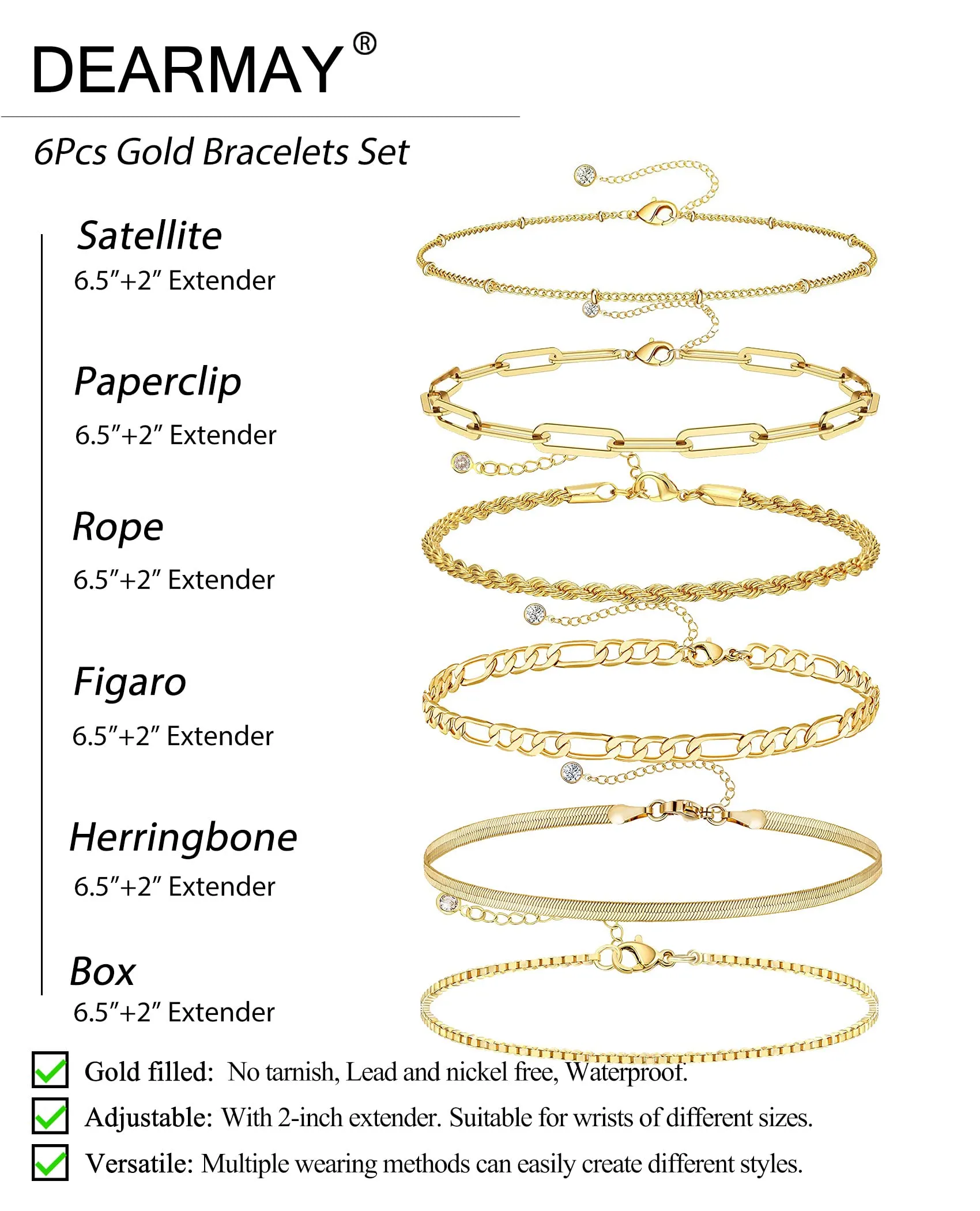 DEARMAY Gold Bracelets for Women 14K Real Gold Plated Jewelry Sets Stack Trendy Dainty Stackable Paperclip Rope Snake Box Figaro Chain Bracelets Pack Costume Fashion Filled Gifts for Womens