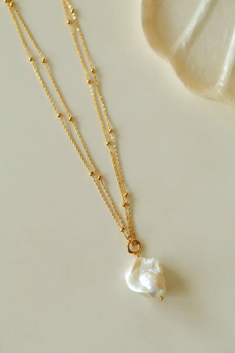 Double-Layer Chain Single Baroque Pearl Pendant Necklace