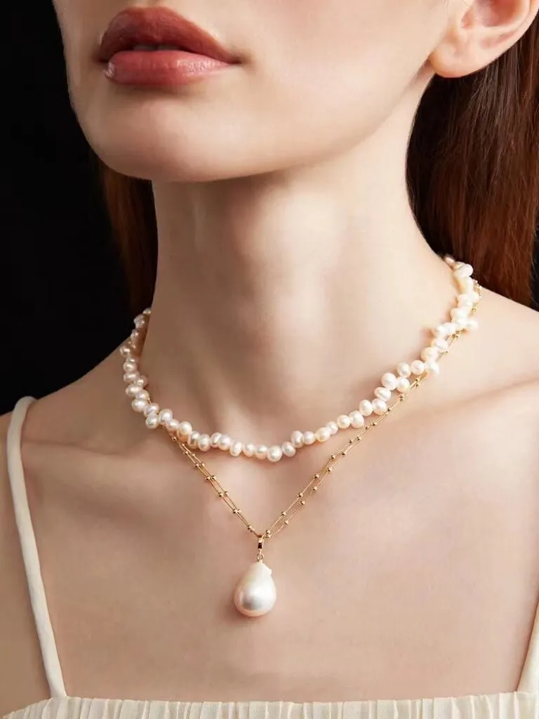 Double-Layer Chain Single Baroque Pearl Pendant Necklace