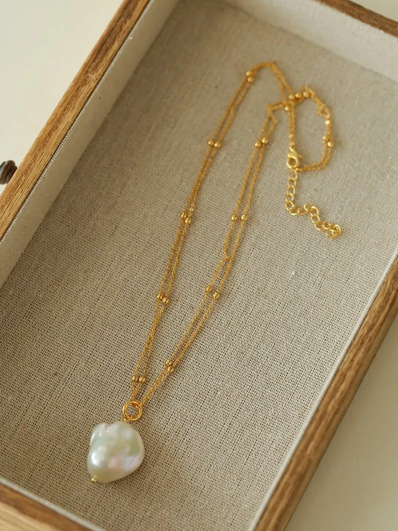 Double-Layer Chain Single Baroque Pearl Pendant Necklace