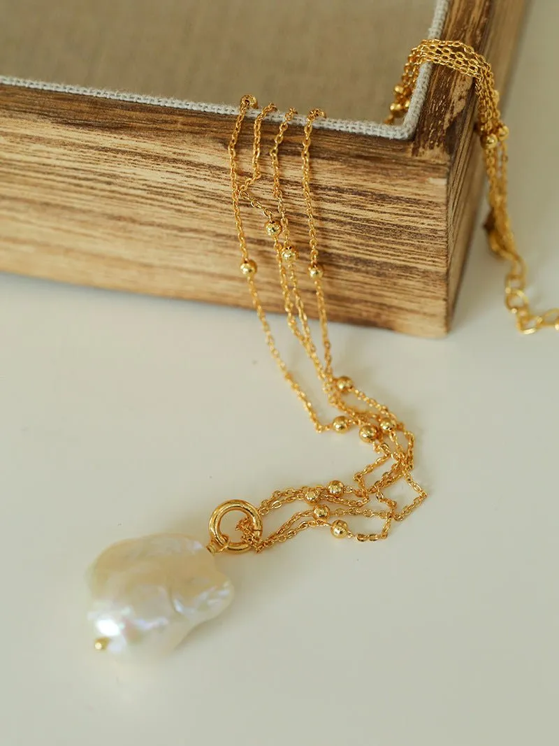 Double-Layer Chain Single Baroque Pearl Pendant Necklace