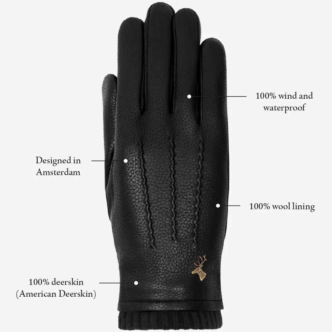 Emily (black) – deerskin (American deerskin) leather gloves with warm wool lining