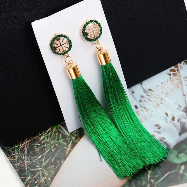 Fashion Bohemian Tassel Crystal Long Earrings Black Red Silk Fabric Drop Dangle Tassel Earrings For Women