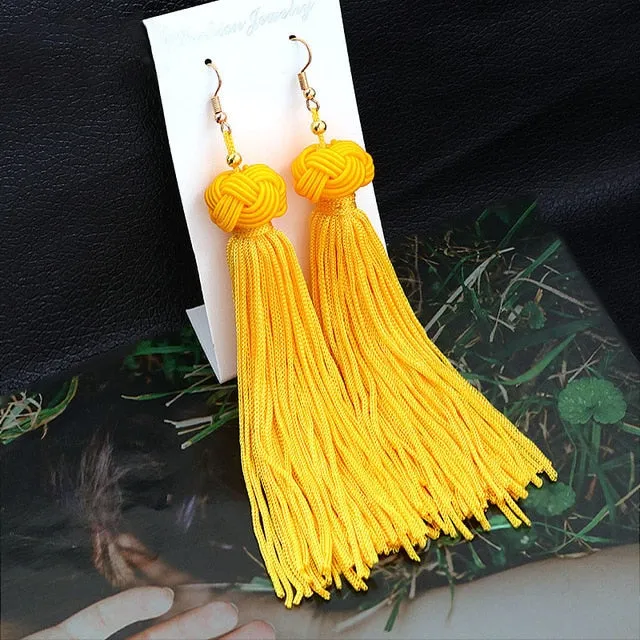 Fashion Bohemian Tassel Crystal Long Earrings Black Red Silk Fabric Drop Dangle Tassel Earrings For Women