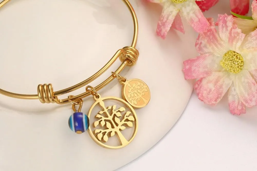 Gold Tree of Life Wired Bangle Bracelet