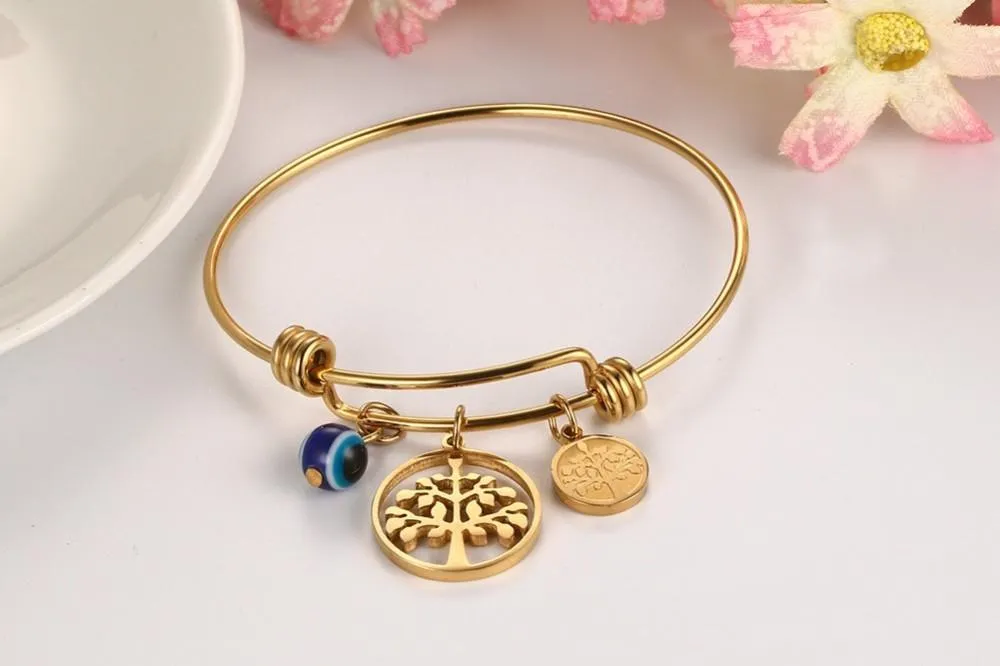 Gold Tree of Life Wired Bangle Bracelet