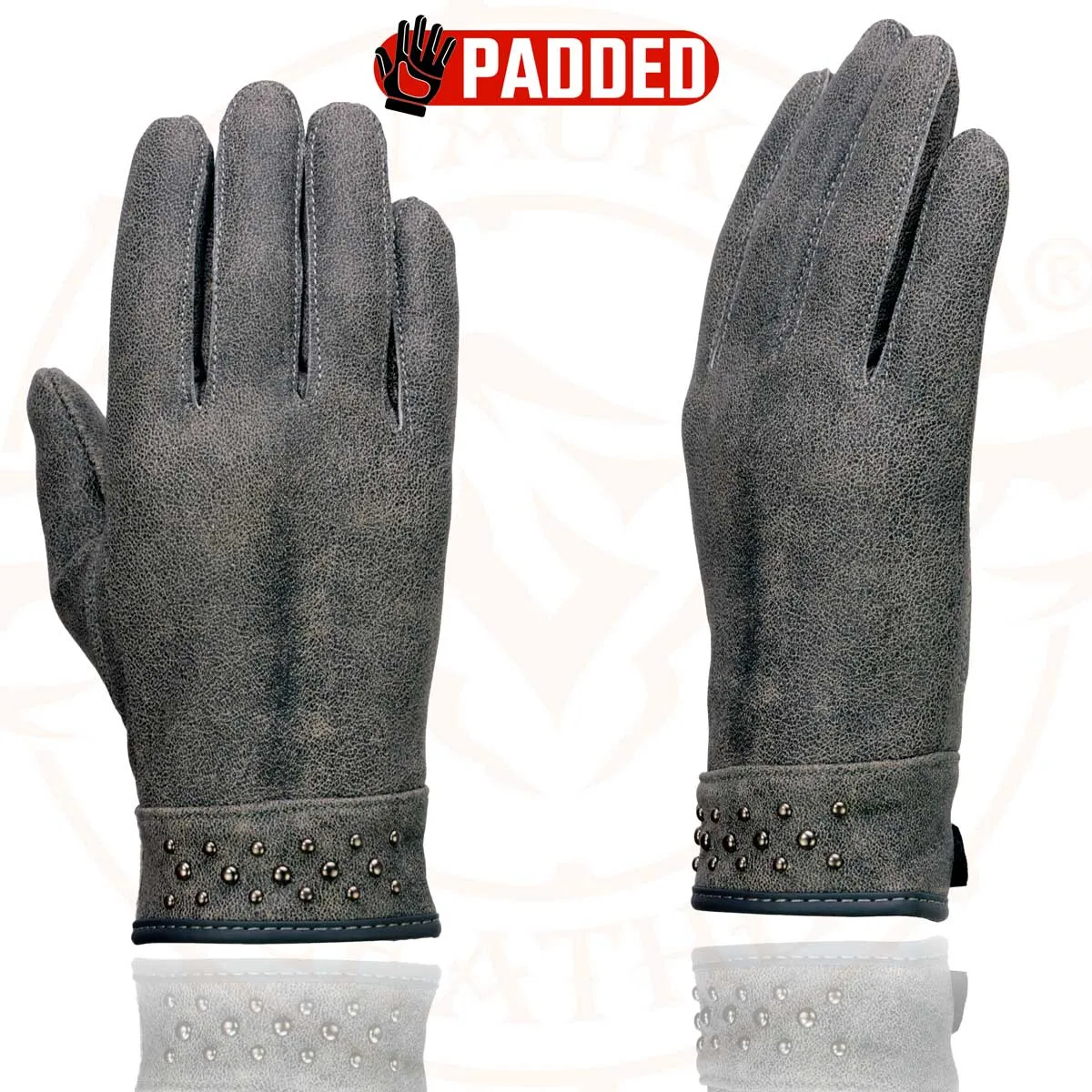 Milwaukee Leather MG7760 Women's Distressed Grey Leather Gel Palm Motorcycle Hand Gloves W/ Stylish ‘Wrist Detailing’