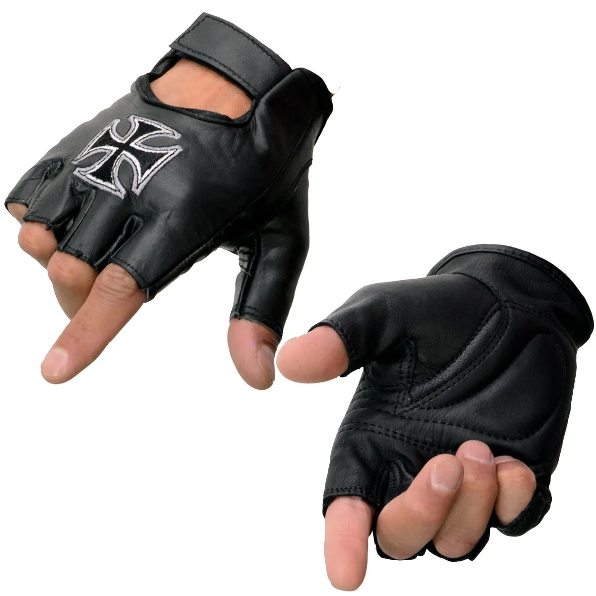 Milwaukee Leather SH354 Men's 'Iron Cross' Black Leather Fingerless Gloves