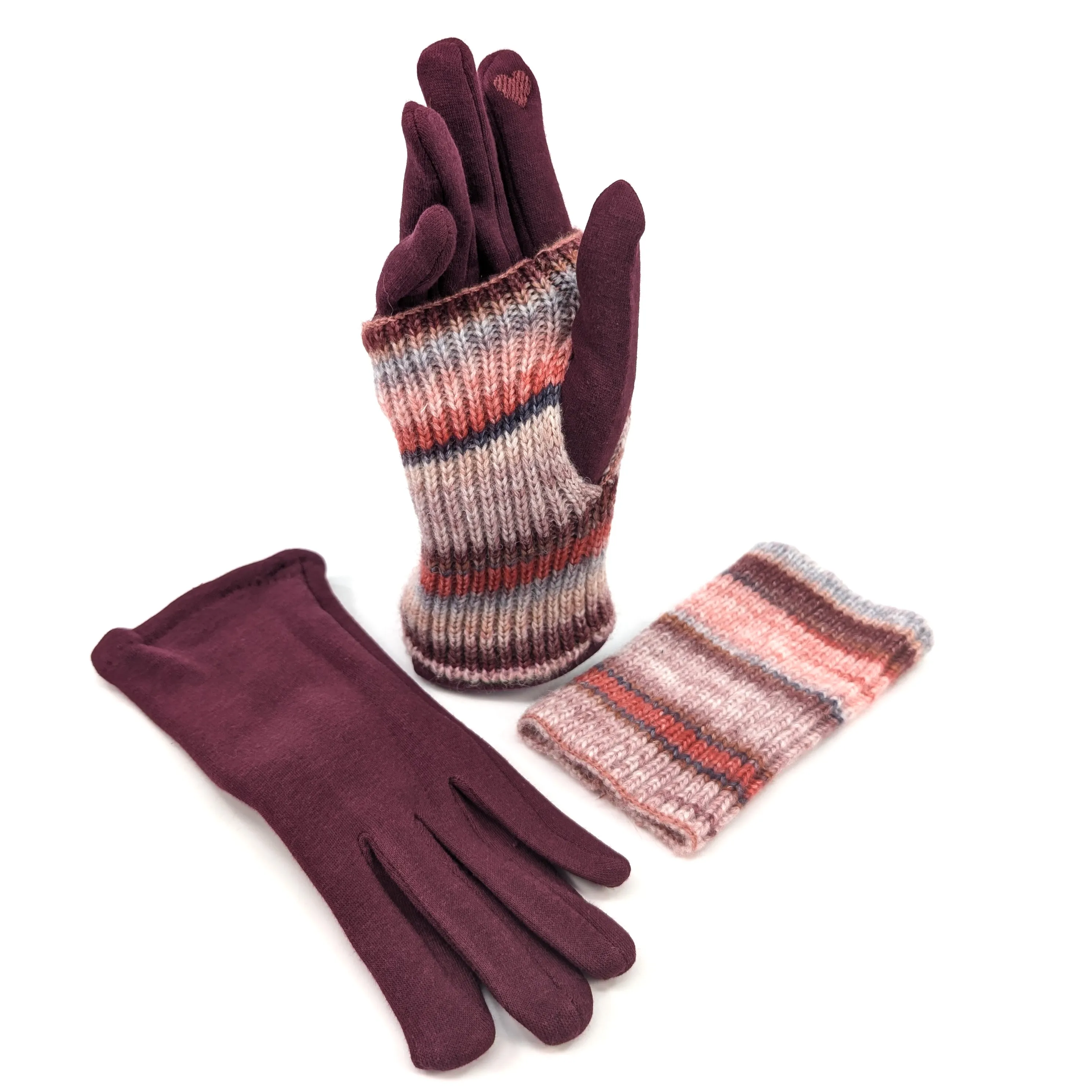 Multi Striped Two in One Gloves - Sangria Red