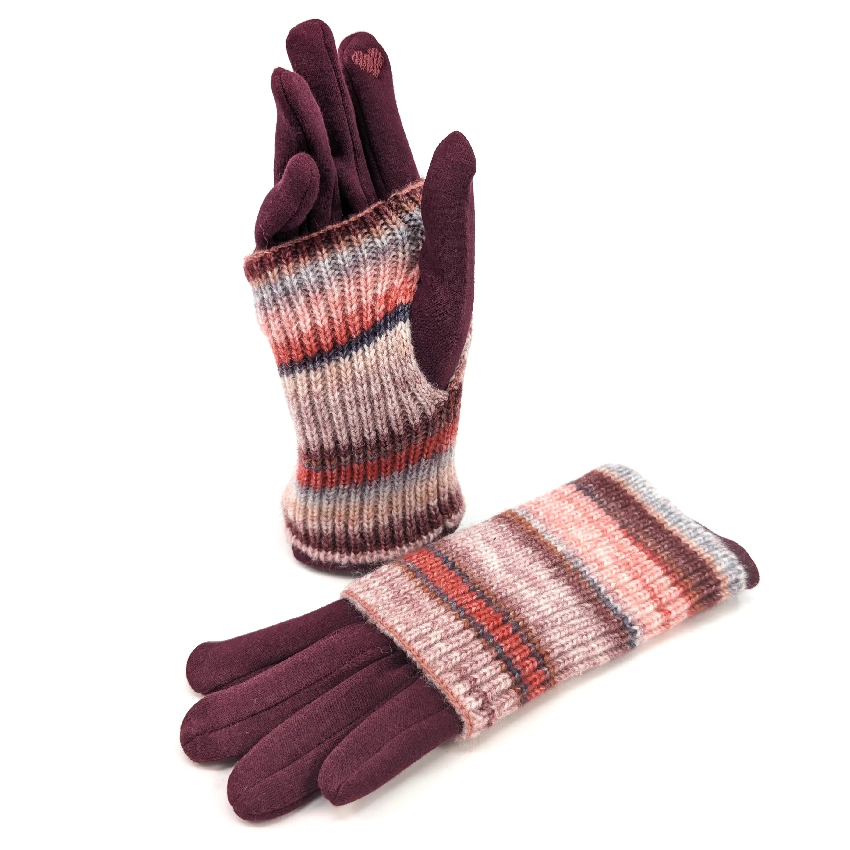 Multi Striped Two in One Gloves - Sangria Red