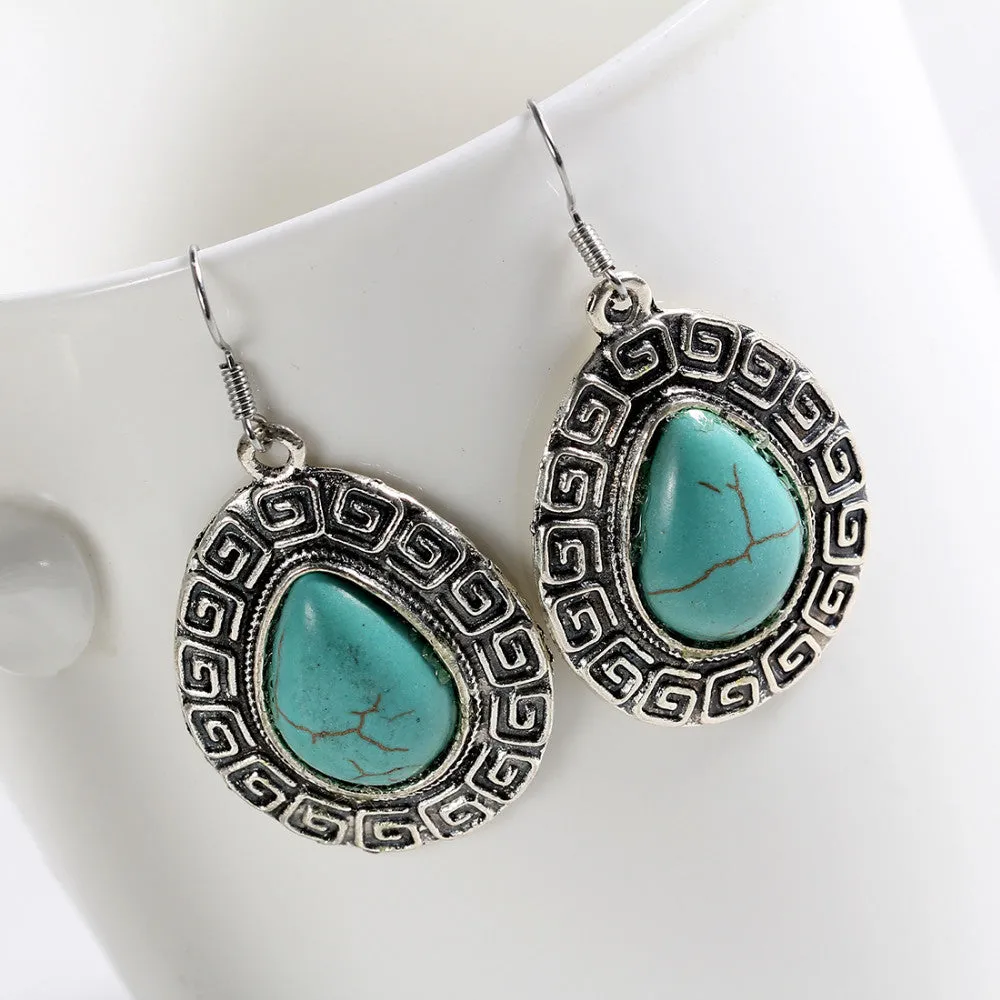 New Fashion European Bohemian Turquoise Earrings Exaggerated Carving Out Metal Big Pendant Earrings For Women