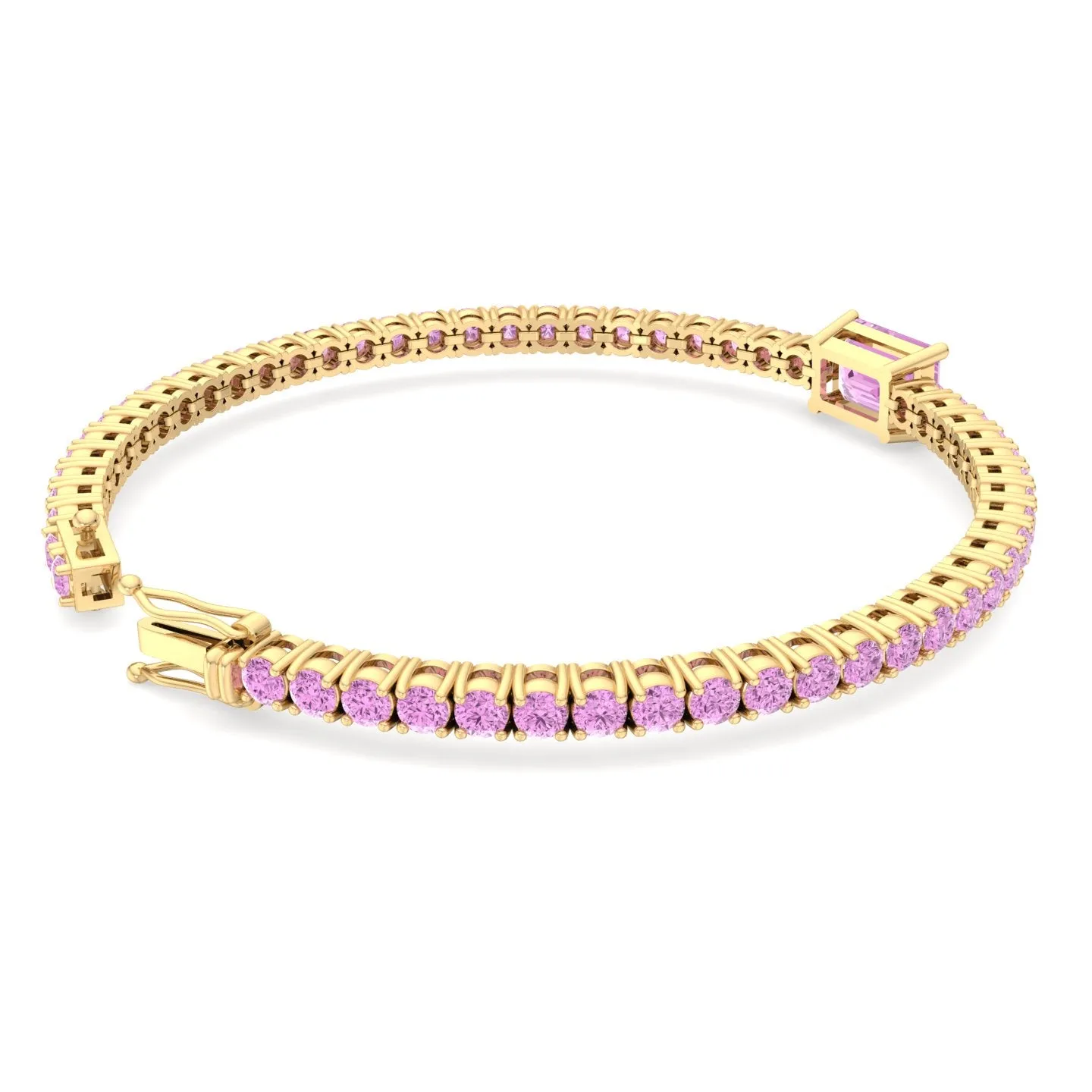 Pierra - Single Stone Emerald Shape Natural Pink Sapphire Tennis Bracelet