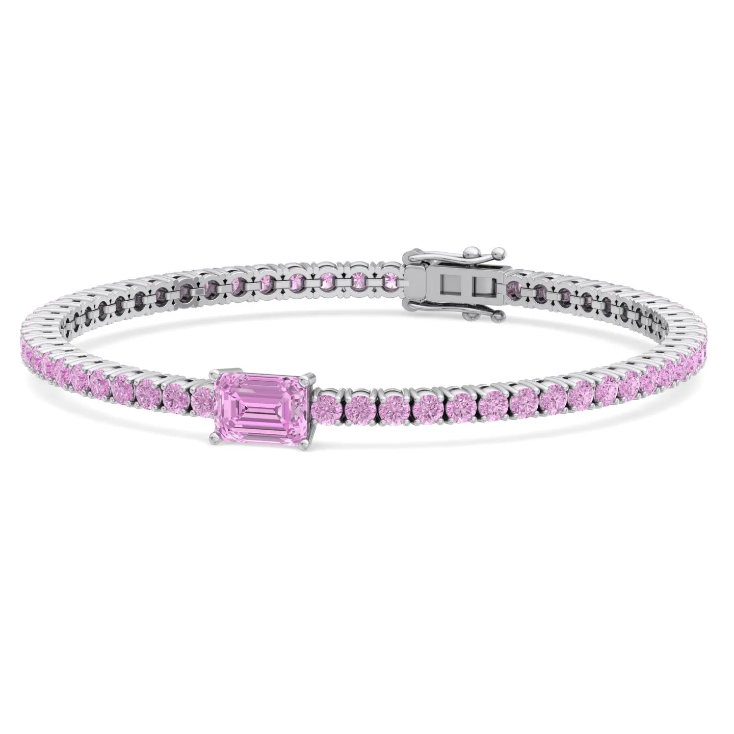 Pierra - Single Stone Emerald Shape Natural Pink Sapphire Tennis Bracelet