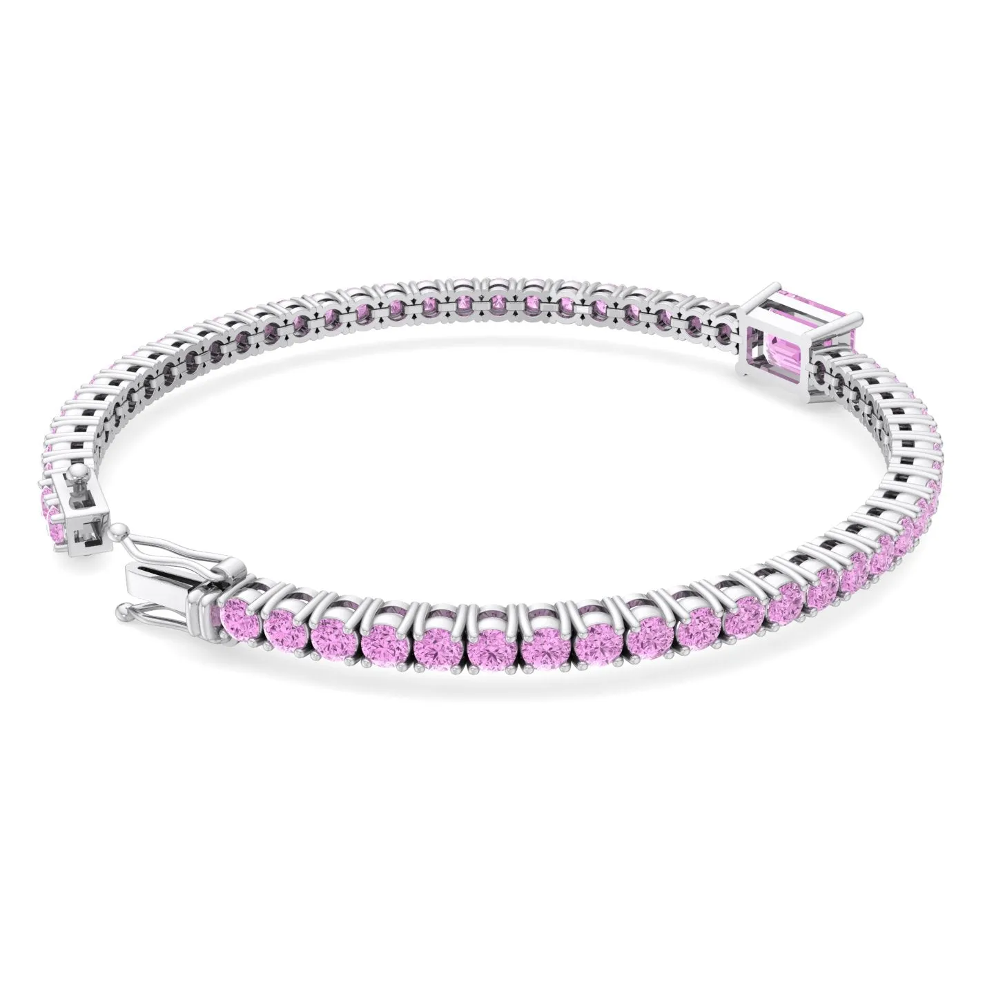 Pierra - Single Stone Emerald Shape Natural Pink Sapphire Tennis Bracelet