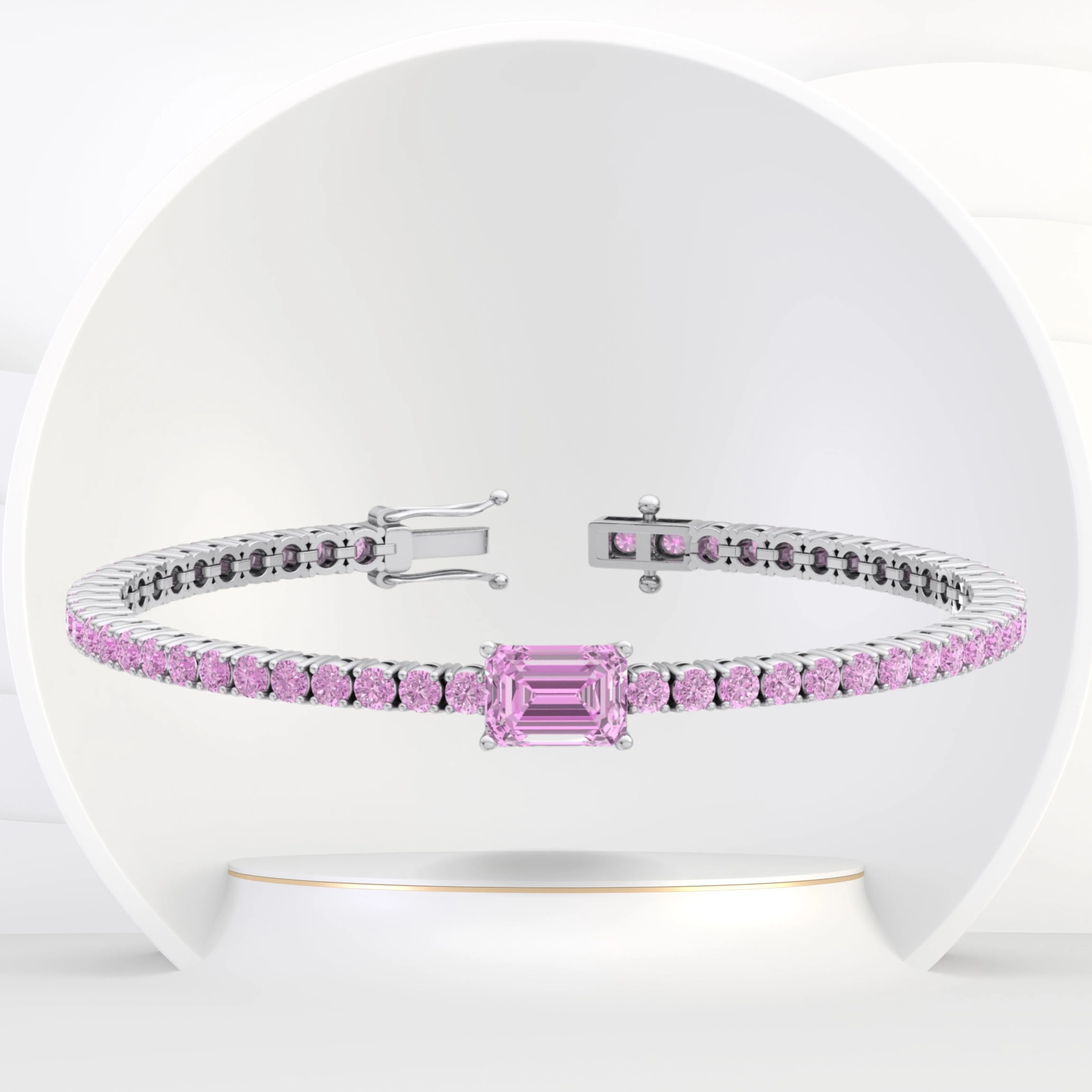 Pierra - Single Stone Emerald Shape Natural Pink Sapphire Tennis Bracelet