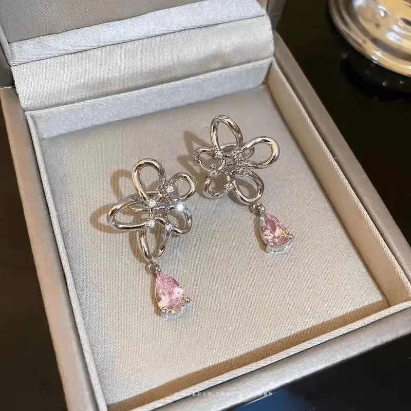 Pink Crystal Floral Ear Cuff Earrings