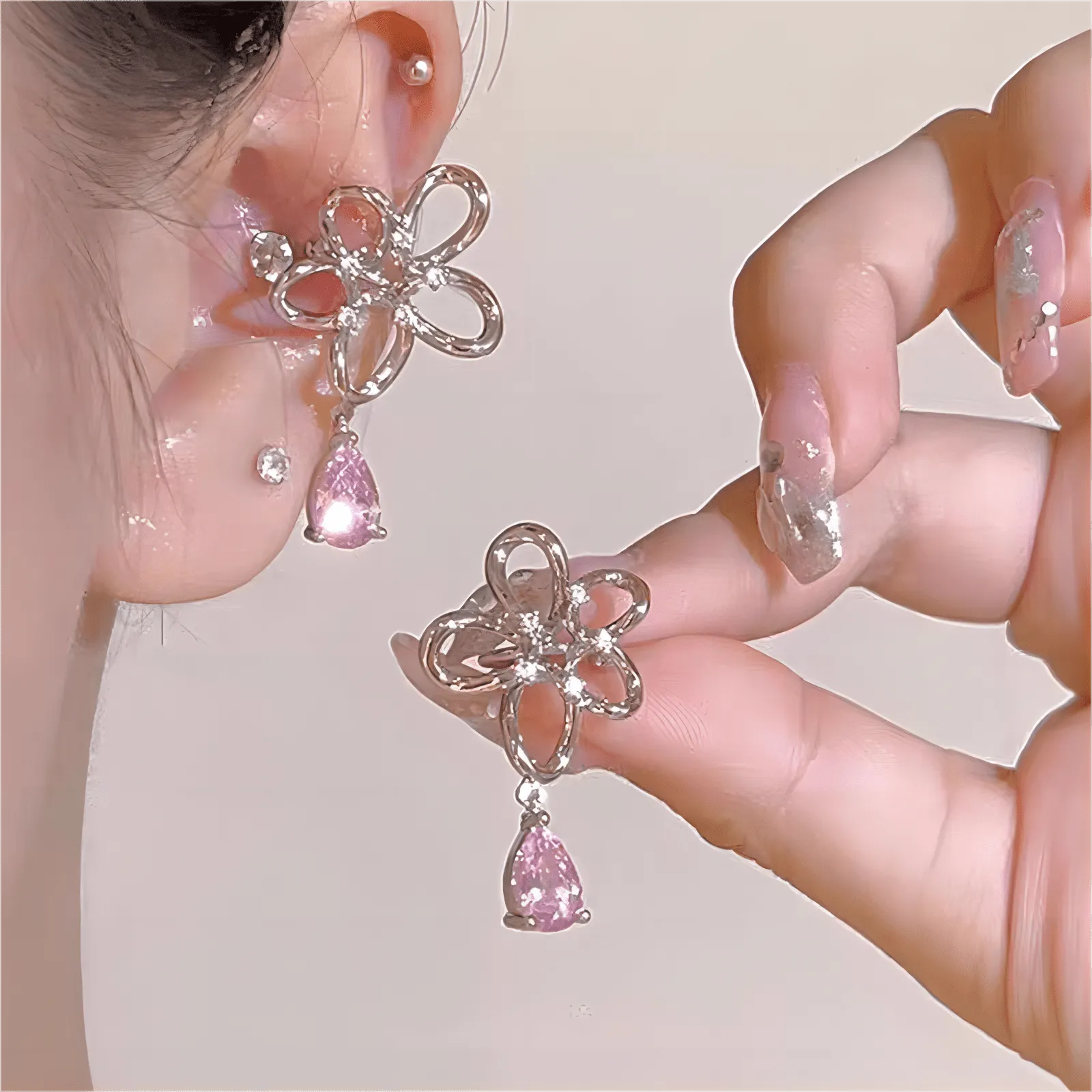 Pink Crystal Floral Ear Cuff Earrings