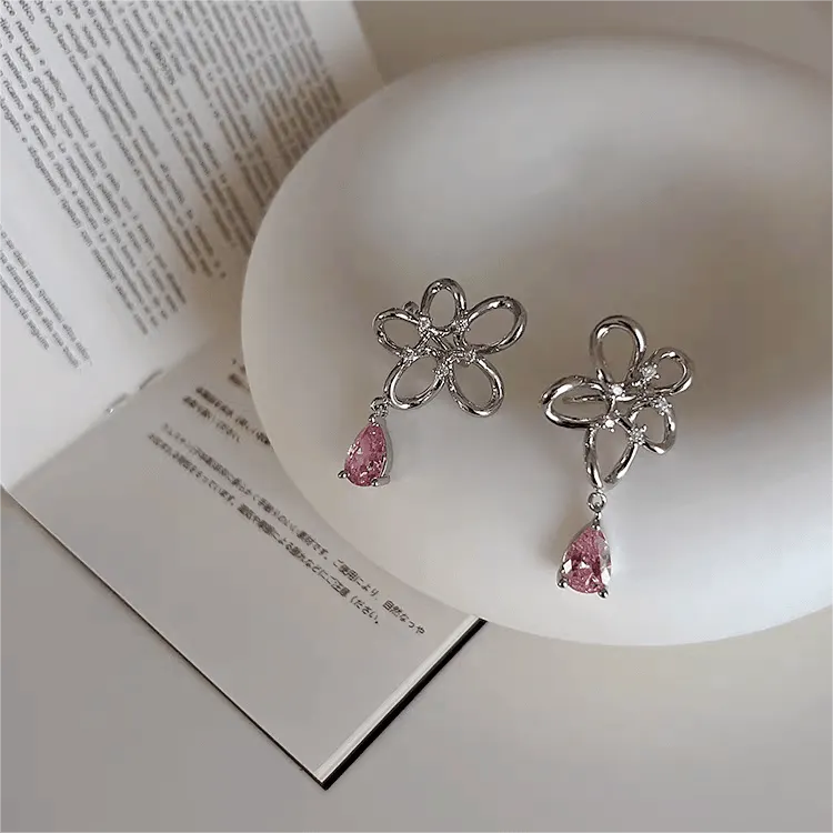 Pink Crystal Floral Ear Cuff Earrings