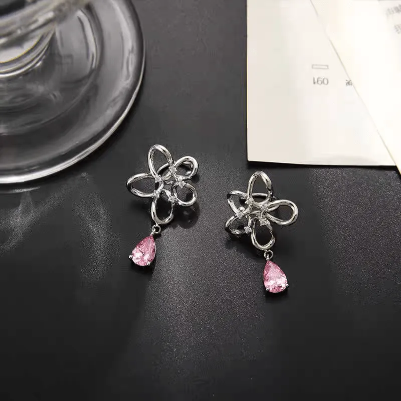 Pink Crystal Floral Ear Cuff Earrings