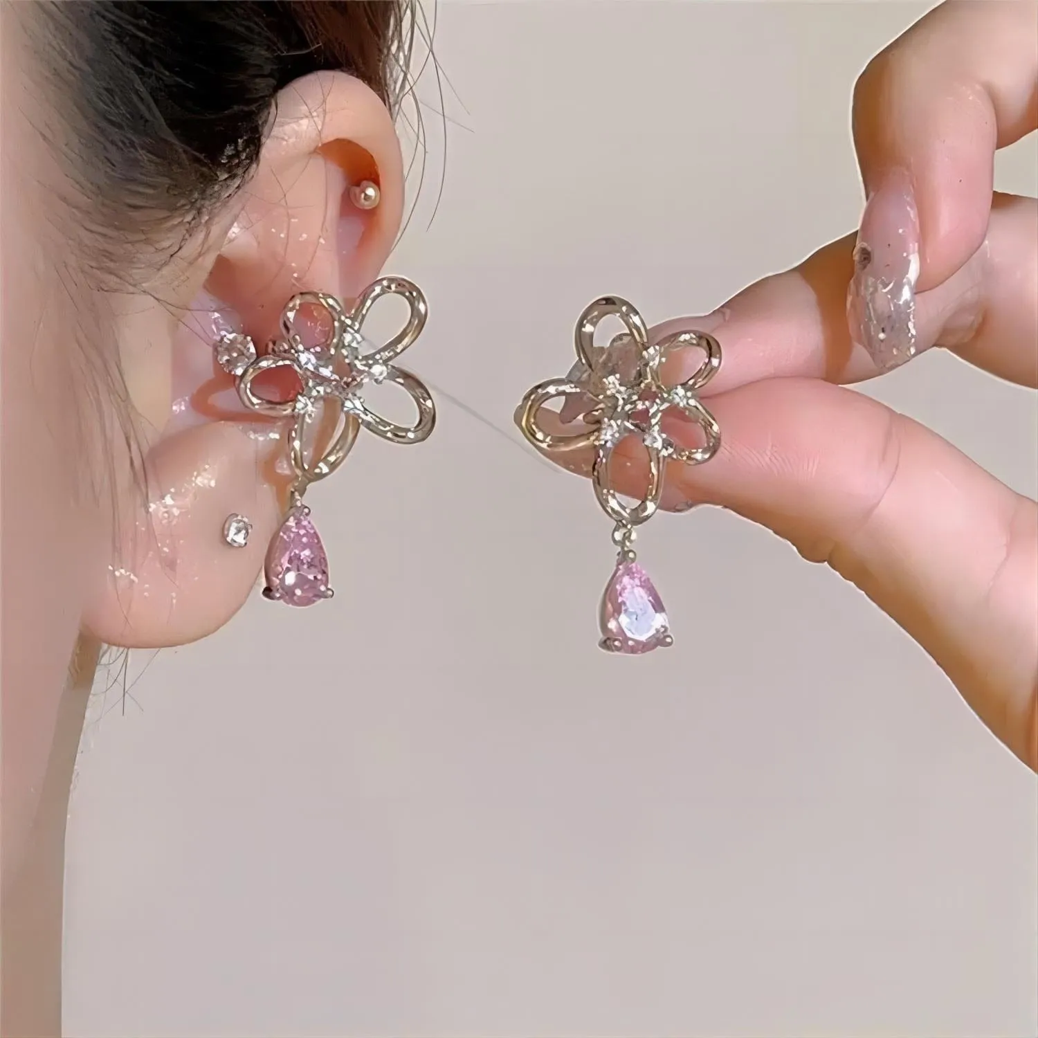 Pink Crystal Floral Ear Cuff Earrings