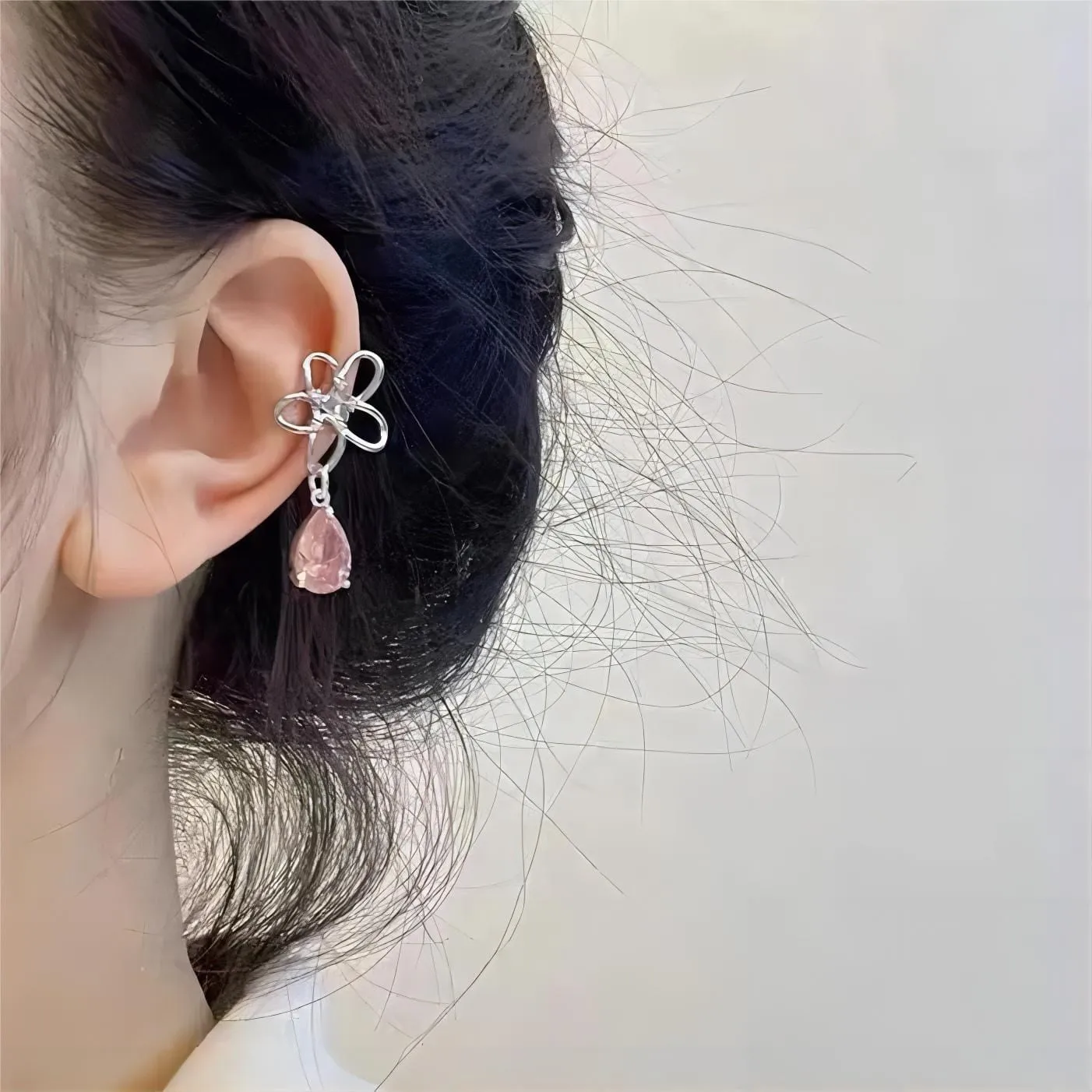 Pink Crystal Floral Ear Cuff Earrings