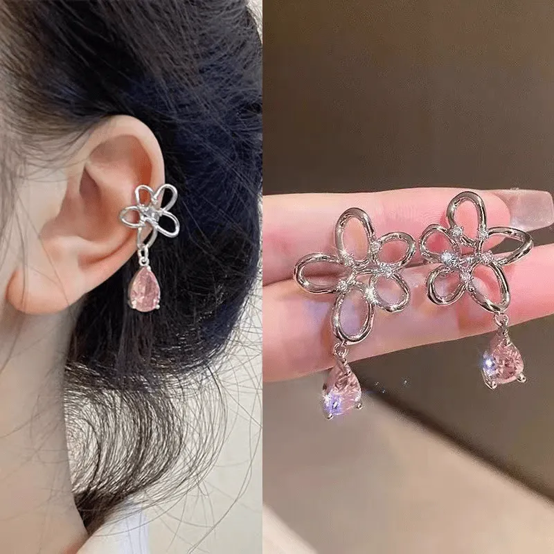 Pink Crystal Floral Ear Cuff Earrings