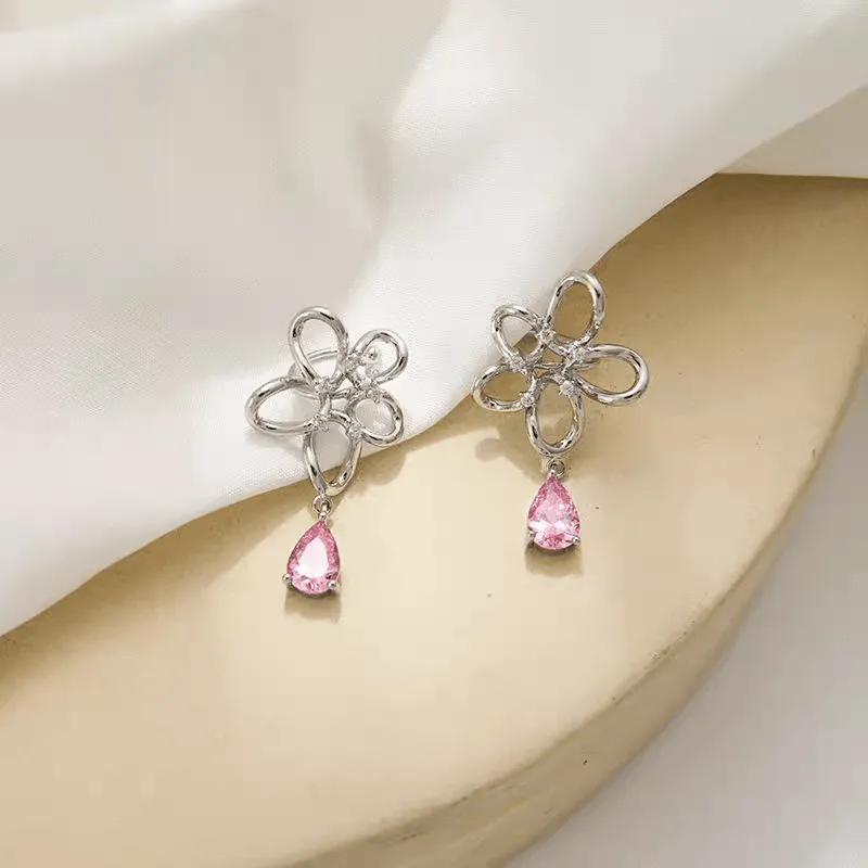 Pink Crystal Floral Ear Cuff Earrings