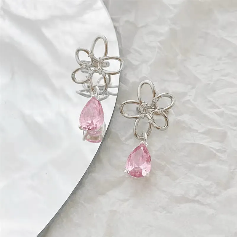 Pink Crystal Floral Ear Cuff Earrings