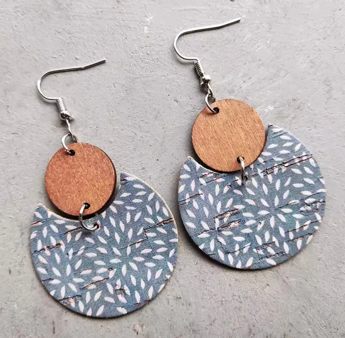 Round Air Force Blue Wood and Cork Earrings