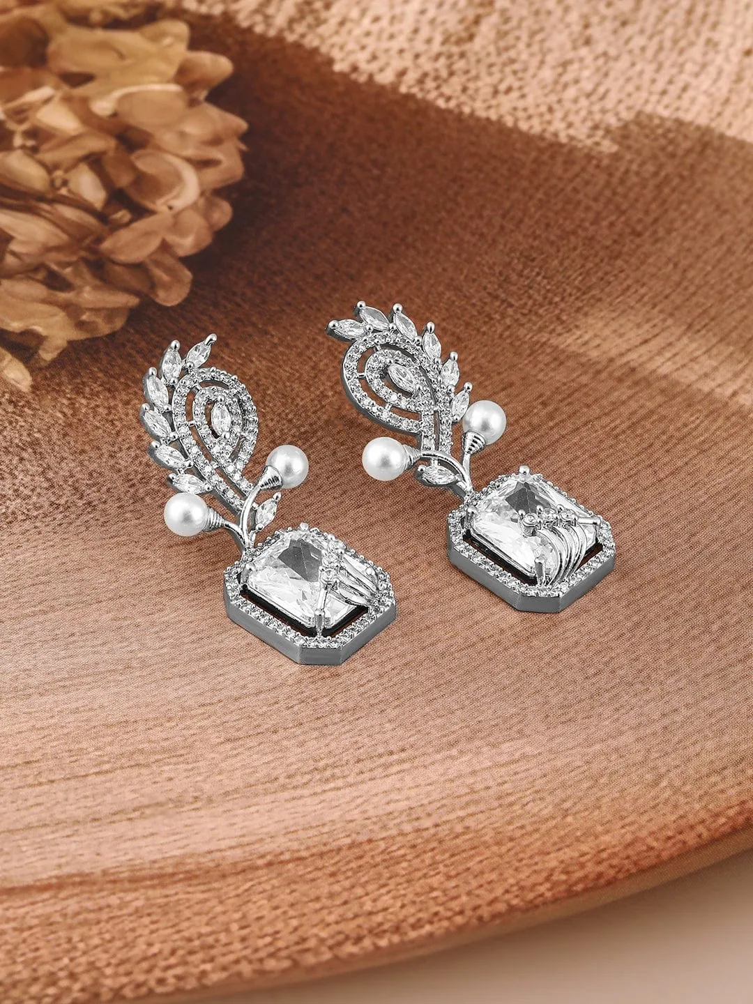 Rubans Rhodium-Plated White AD & Cubic Zirconia Studded Premium Drop Earrings