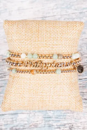 SALE! Amazonite Worn Goldtone Phillipians 4:13 Beaded Bracelet Set