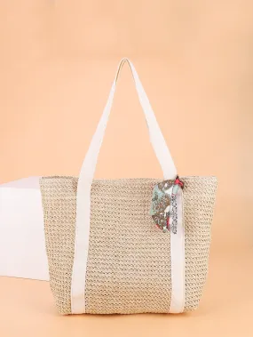 Scarf Decor Straw Design Shoulder Tote Bag