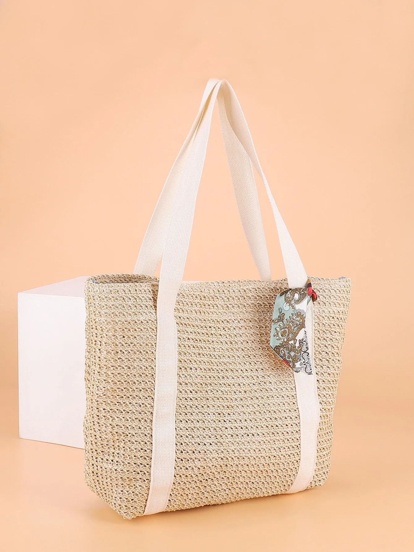 Scarf Decor Straw Design Shoulder Tote Bag