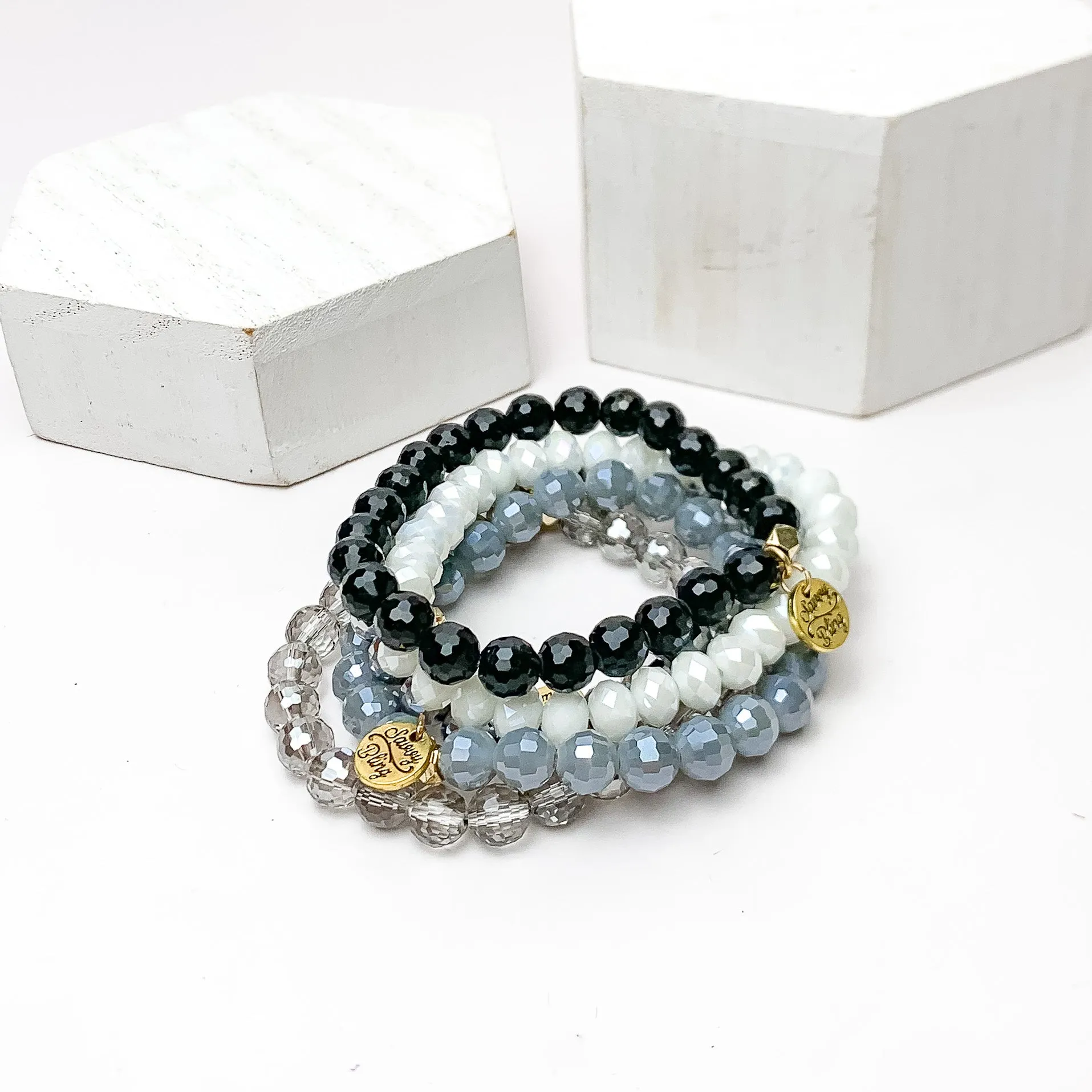 Set of Five | All Nighter Crystal Beaded Bracelet Set in Grey, Black, And White